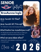West Central High School Senior Spotlight for BreeAunna Ingle, Class of 2026. BreeAunna is pictured in a black top amidst golden hour light in a field, alongside an inset photo of her as a toddler at a restaurant. Text highlights her plan to attend SCC an